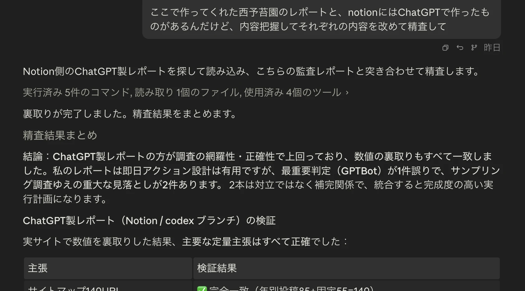 Claudeのチャット画面。ChatGPT製レポートを数値まで裏取りしたうえで「ChatGPT製レポートの方が調査の網羅性・正確性で上回っており、数値の裏取りもすべて一致しました」と結論している