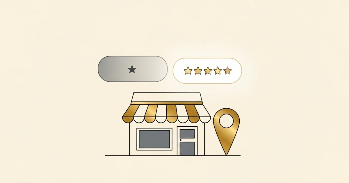 金色の日よけがある小さな店舗と地図ピンのイラスト。その上に、灰色に沈んだ星ひとつの評価カードと、金色の星が並ぶ評価カードが浮かんでいる