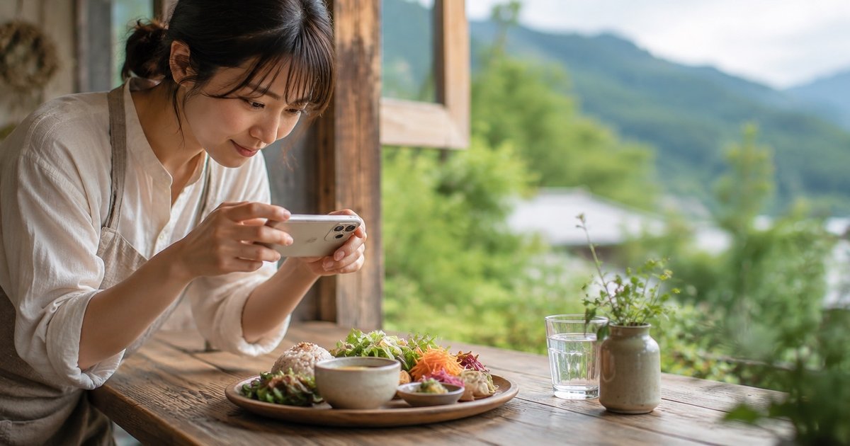 山あいの景色が見えるお店の席で、料理をスマートフォンで撮影している女性