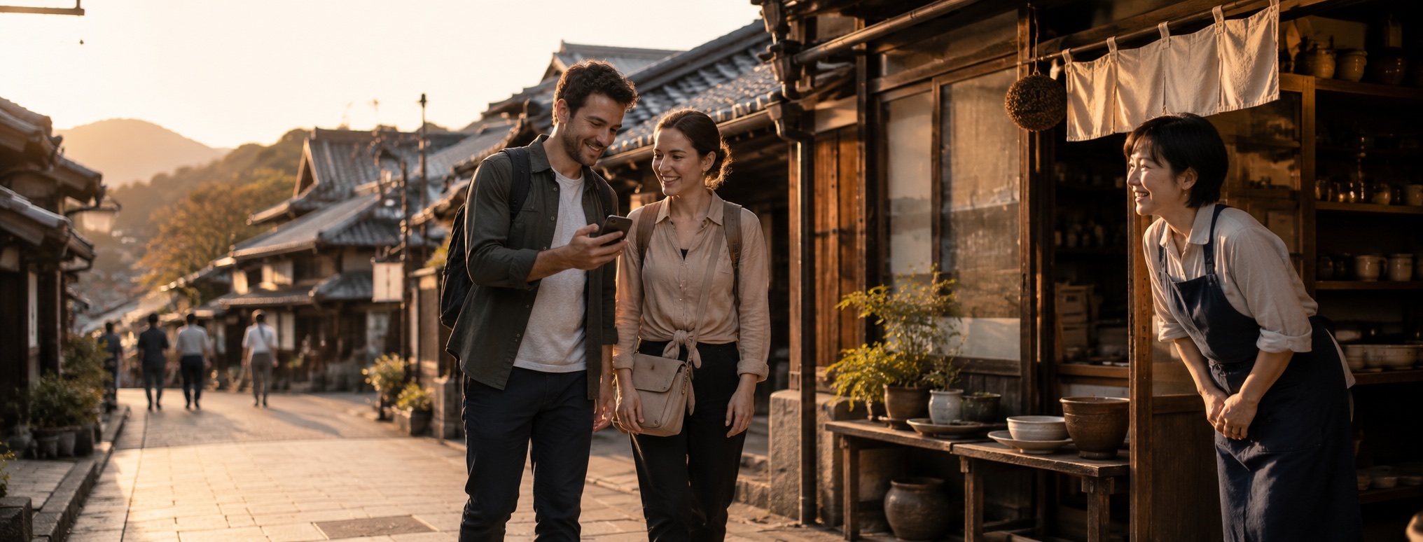 An international traveller checking information on a smartphone outside a local shop