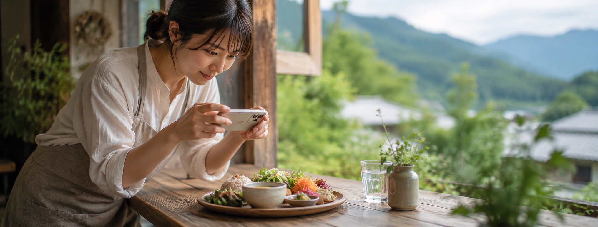 스마트폰으로 요리를 촬영하는 가게 주인