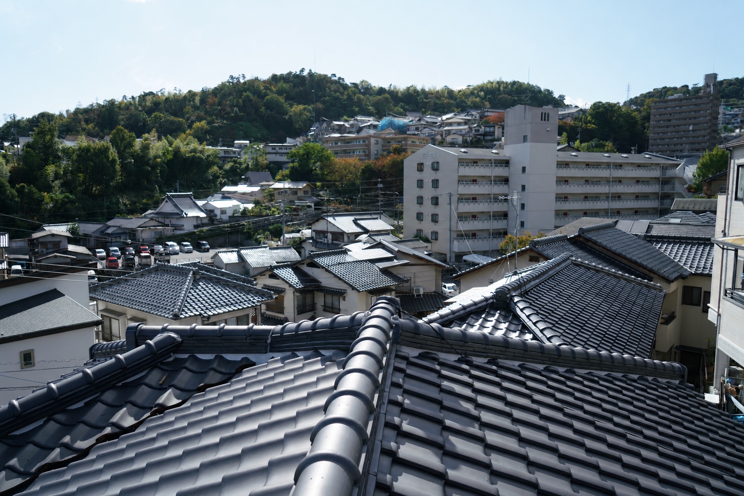 屋根瓦と地域の街並みが広がる風景