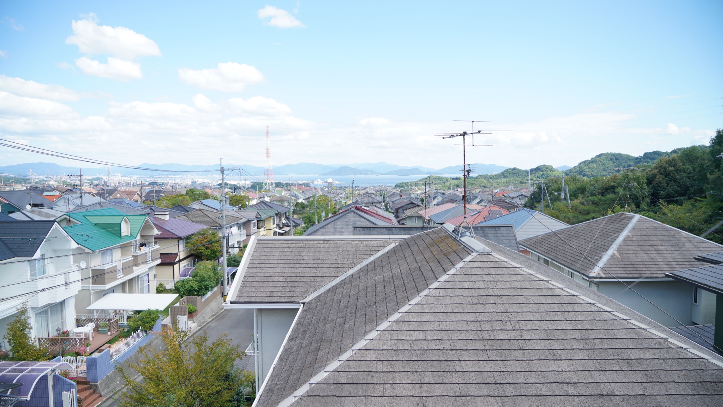 屋根瓦の向こうに地域の街並みが広がる風景